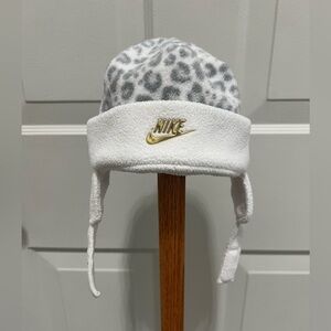 Nike White and Gray Leopard Print Fleece Hat with Ear Flaps